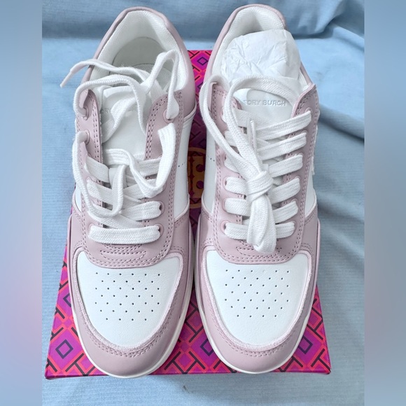 Tory Burch Blush and White Lace-Up Sneakers 6 - Picture 1 of 7